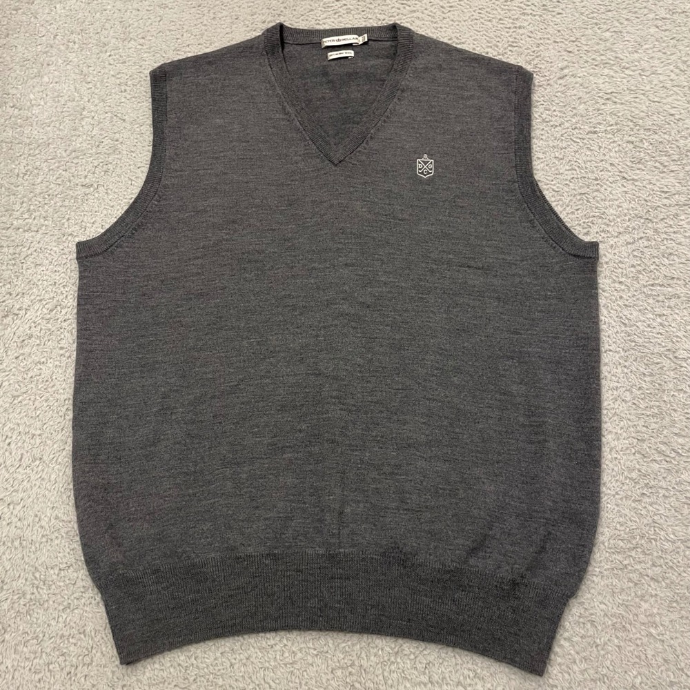 Peter Millar Deepdale Golf Club Sweater Vest Mens Large Gray Merino Wool V-Neck